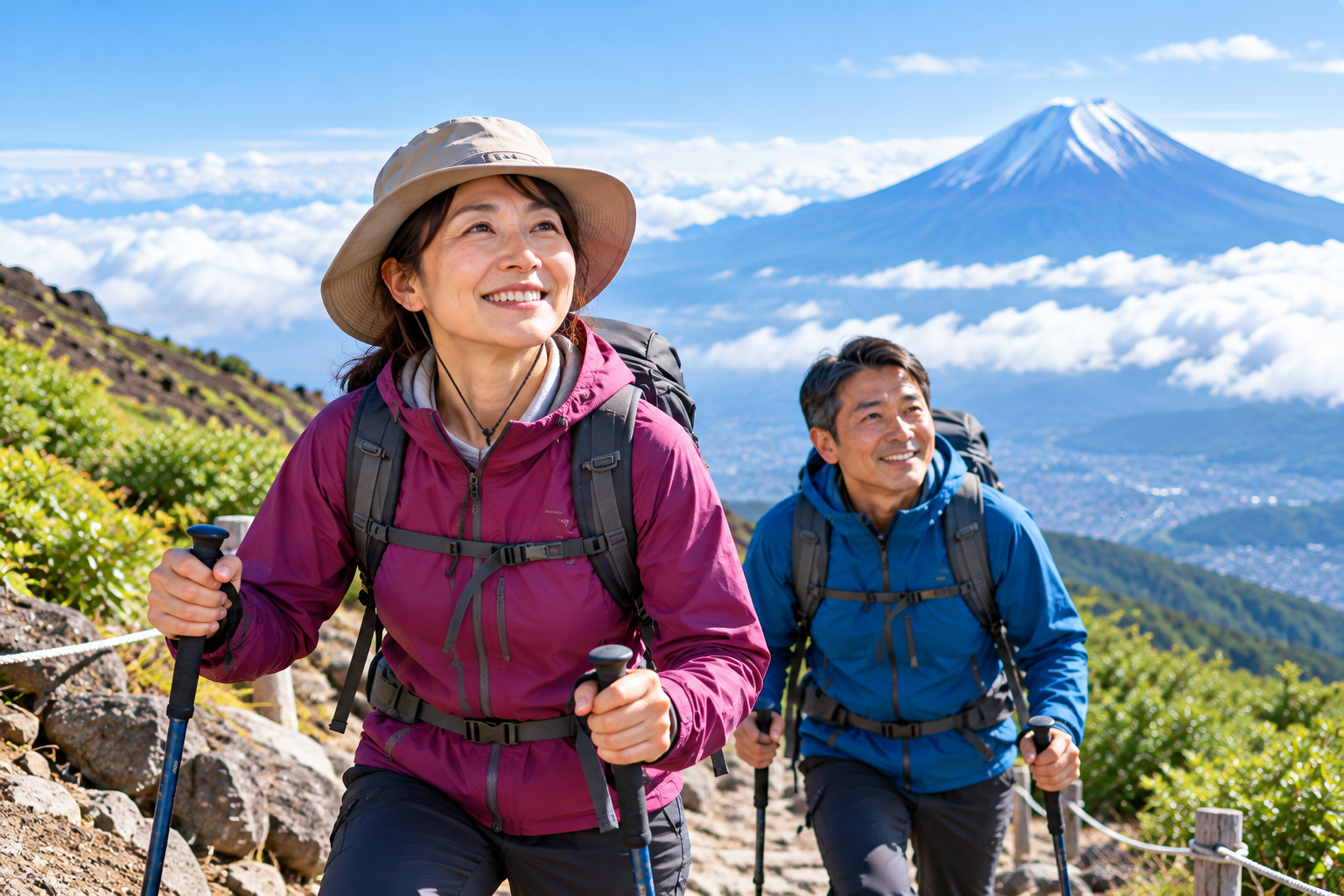 富士山を背景に登山を楽しむ男女のイメージ